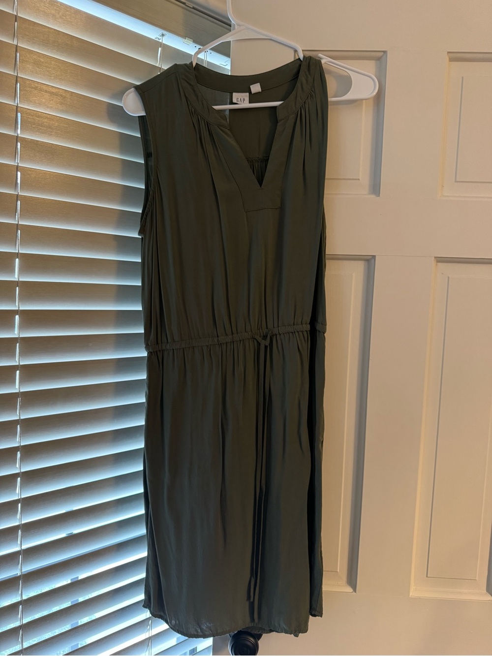 GAP Olive Green Sleeveless V-Neck Drawstring Midi Dress